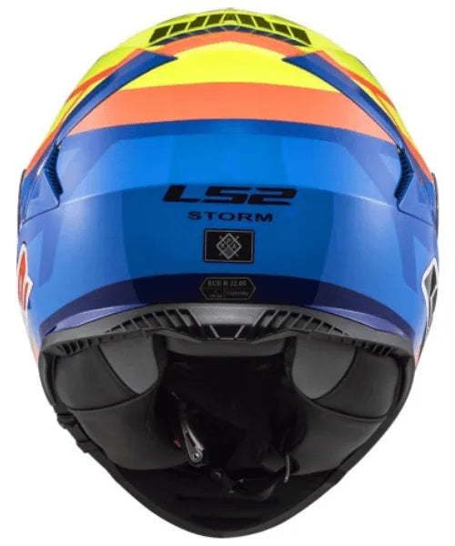 LS2 Storm 2 Salvador Replica Full Face Helmet, Best Affordable Race Helmet in India, Clear Visor Stylish Graphics Helmet safe for indian roads, Top LS2 Helmet in Blue Hi Viz Yellow Color for Indian Motorcycle Bikes like Royal Enfield, KTM, Yezdi, Pulsar, Triumph,