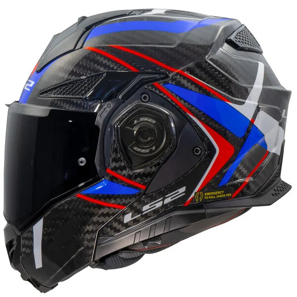 LS2 Advant x Carbon Future Full Face Helmet, Best Affordable Race Helmet in India, Clear Visor Stylish Graphics Helmet safe for indian roads, Top LS2 Helmet in Gloss White Blue Black Color for Indian Motorcycle Bikes like Royal Enfield, KTM, Yezdi, Pulsar, Triumph,