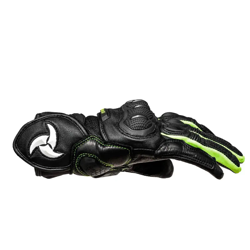 Raida AirWave Full Leather Motorcycle Riding Gloves in Black Green Color – Knox® SPS, TPR Protection & Touchscreen Ready, Best Riding Gloves in India, Safe Bike Gloves for Indian Riders,