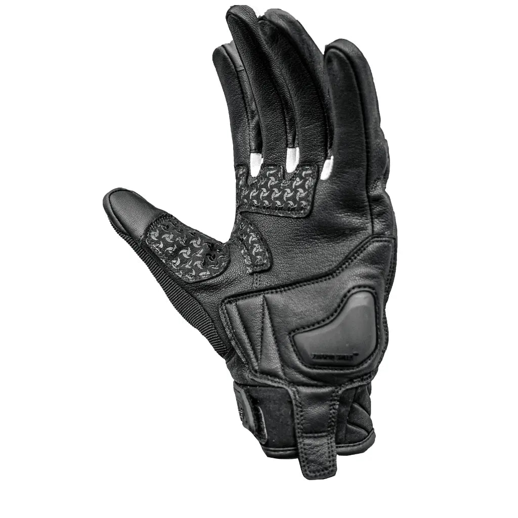Raida Carbonite Bike Riding Gloves Black White Color – Carbon Fiber Knuckles, Leather Build, Touchscreen & Touring Ready, Best Riding Gloves in India, Best Riding gloves for bike riders for safe riding, road trips, long touring
