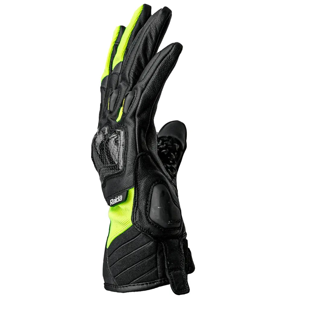 Raida Carbonite Bike Riding Gloves Black Yellow Color – Carbon Fiber Knuckles, Leather Build, Touchscreen & Touring Ready, Best Riding Gloves in India, Best Riding gloves for bike riders for safe riding, road trips, long touring