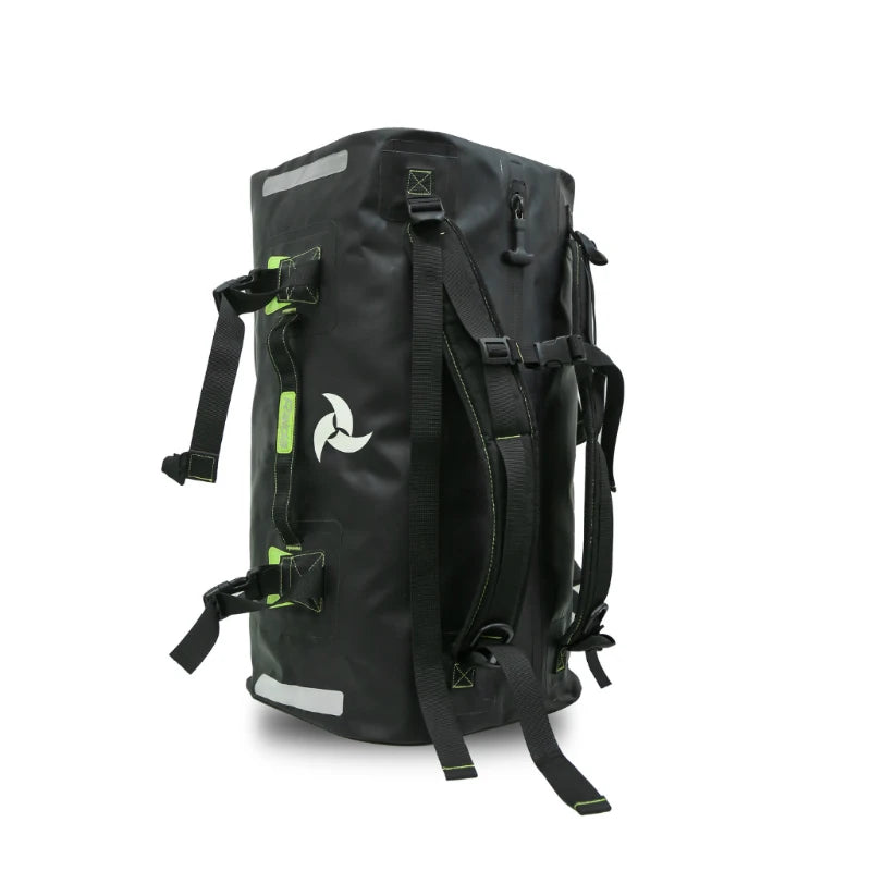 Raida Luggage Dryporter Waterproof Tail Bag in Black Hi Viz Green Color – 40L Ipx5 Dry Duffle Bag With Backpack Straps, Best Luggage Bag for Adventure trips, long touring, road trips, bike riding, Best tail bag for bike riders, waterproof duffle bag for adventure riding, indian bikes
