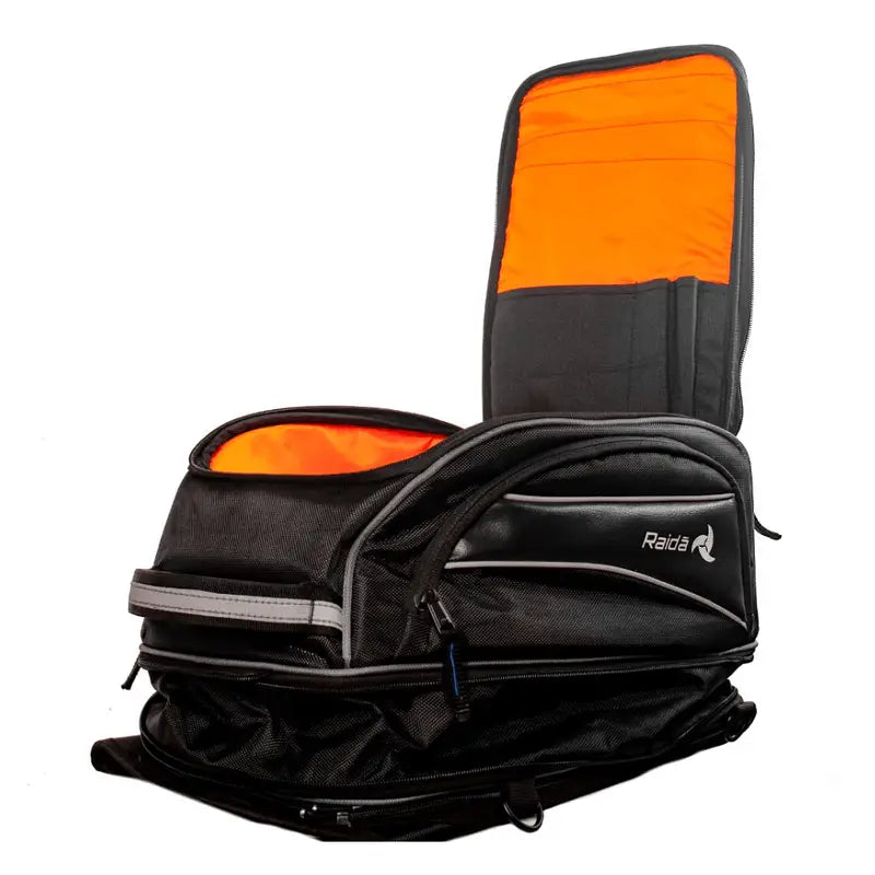 Raida Luggage Gps-Series Magnetic Tank Bag in Black Grey Color – Expandable Motorcycle Tank Bag With Backpack Straps, Best Magnetic Tank Bags in India, Luggage bags for bike riders, Best Tank Bags for long touring, road trips, adventure rides