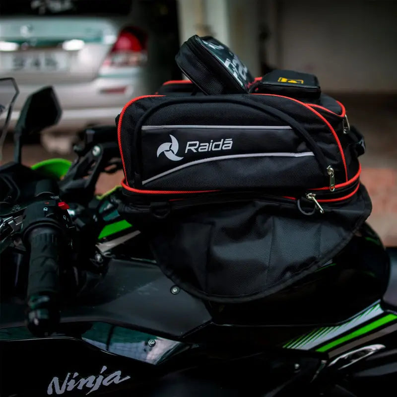 Raida Luggage Gps-Series Magnetic Tank Bag in Black Orange Color – Expandable Motorcycle Tank Bag With Backpack Straps, Best Magnetic Tank Bags in India, Luggage bags for bike riders, Best Tank Bags for long touring, road trips, adventure rides