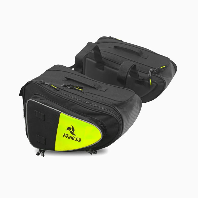 Raida Luggage V50 Saddle Bag in Hi Viz Yellow – 50L Expandable Strap Based Motorcycle Saddle Bags With Dust Cover & Tool Pouch, Best Bike Lugagge Bag, Best saddle bag for riders, best saddle bag in india for long touring, road trips, adventure bike riding