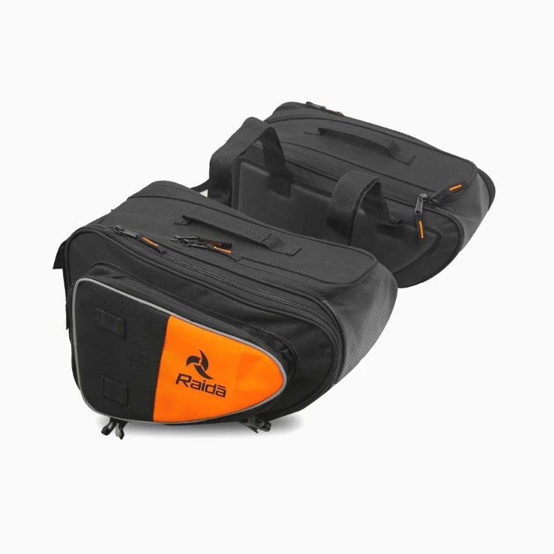 Raida Luggage V50 Saddle Bag in Orange – 50L Expandable Strap Based Motorcycle Saddle Bags With Dust Cover & Tool Pouch, Best Bike Lugagge Bag, Best saddle bag for riders, best saddle bag in india for long touring, road trips, adventure bike riding