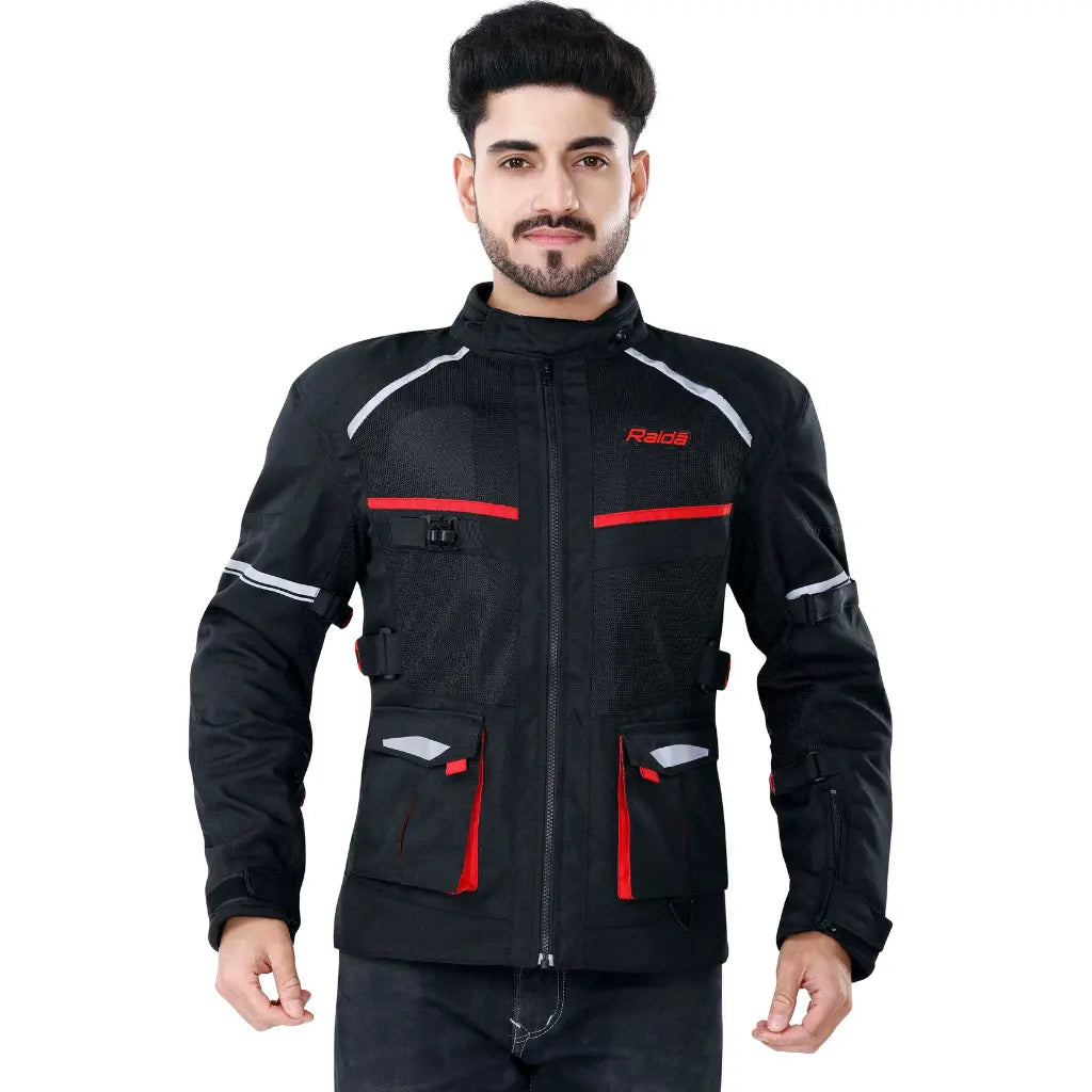 Raida Rover Touring Jacket Black Red Color – Ce Level 2 Armored, All-Season Motorcycle Riding Jacket, Best Riding Jacket for Bike Riders, Best Riding Jacket for long Touring, Road Trips, Raida Riding Jacket for Indian Roads