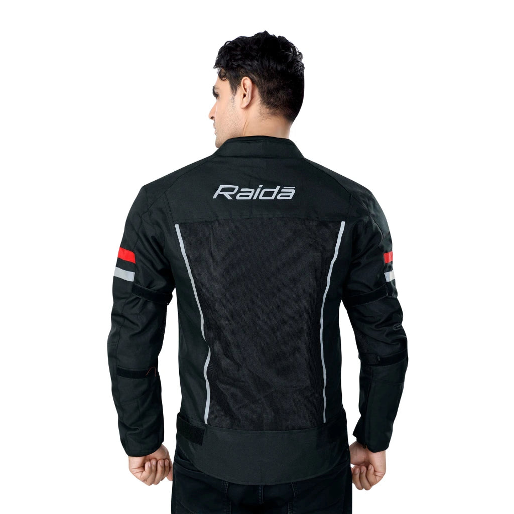 Raida Tourer Motorcycle Jacket in Black Red Color – Budget-Friendly Best Riding Jacket under 5000 in India, Best Bike jacket for riders under 5k, Ce Level 2 Armored Riding Jacket ith full safety and protection, Best Bike Jacket for Long touring, road trips, safe long tours for motorcycle riders riding Indian Bikes