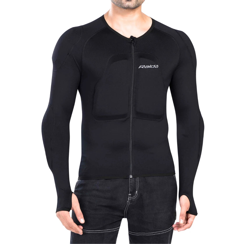 Raida Trailcraft Armored Base Layer in Black Color – Ce Level 2 Motorcycle Inner Armor Shirt Performance Layer With Easyflex Protection, Best base layer for bike riders, armoured base layer for riders in india,