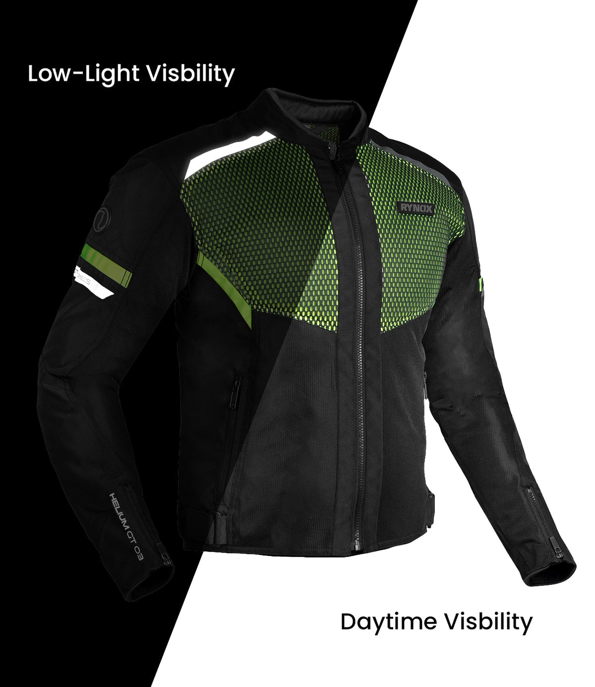 Rynox Helium GT 3 Riding Jacket in Black Green Color - Lightweight CE Level 2 Certified Mesh Jacket, Best Riding Jacket in India, Mesh jacket for Bike Riders, Best Bike Jacket for Road Trips, Long Touring, Motorcycle Tours,