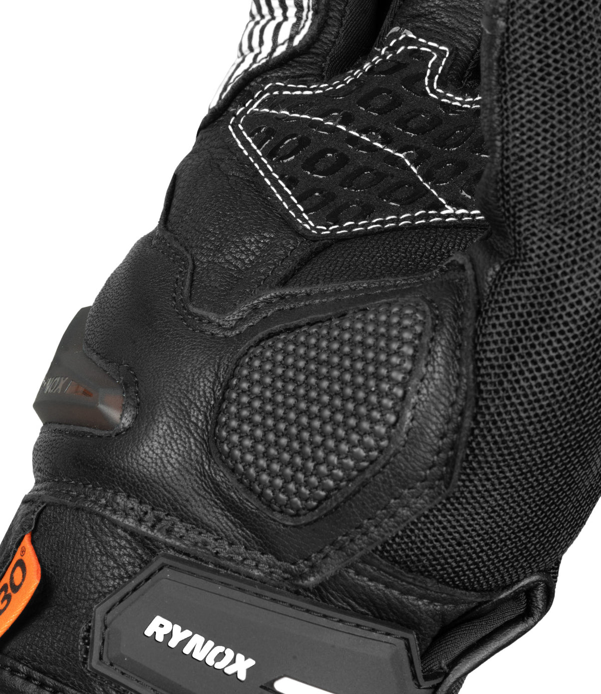 Rynox Tornado Pro 4 Riding Gloves - Black White Color, Best riding gloves in India are made of Leather, D3O Protection & Touchscreen Friendly. Best Bike Gloves for road trips, long touring and specially made for indian bikes