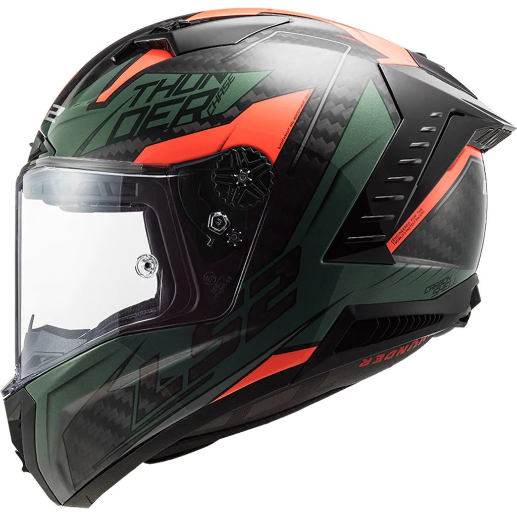 LS2 Thunder Carbon Chase Full Face Helmet, Best Carbon Fiber Helmet in India with Orange Green Color - High Quality Safe Bike Helmets in India