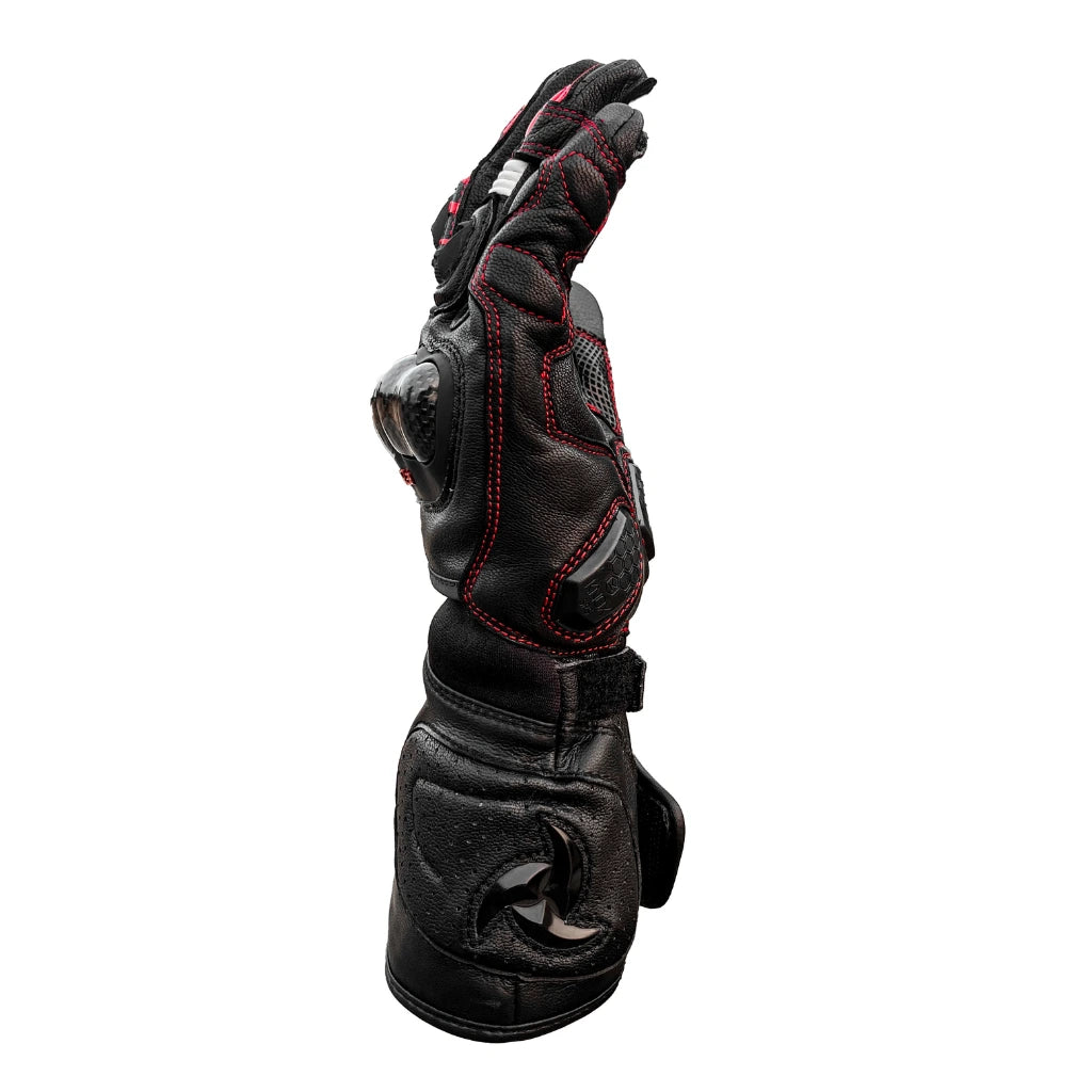 Raida Aeroprix Carbon Edition Full Gauntlet Riding Gloves in Black Red, Carbon Fiber Protection, Safest Bike Gloves in India, Best Riding Gloves for Bike riders in india