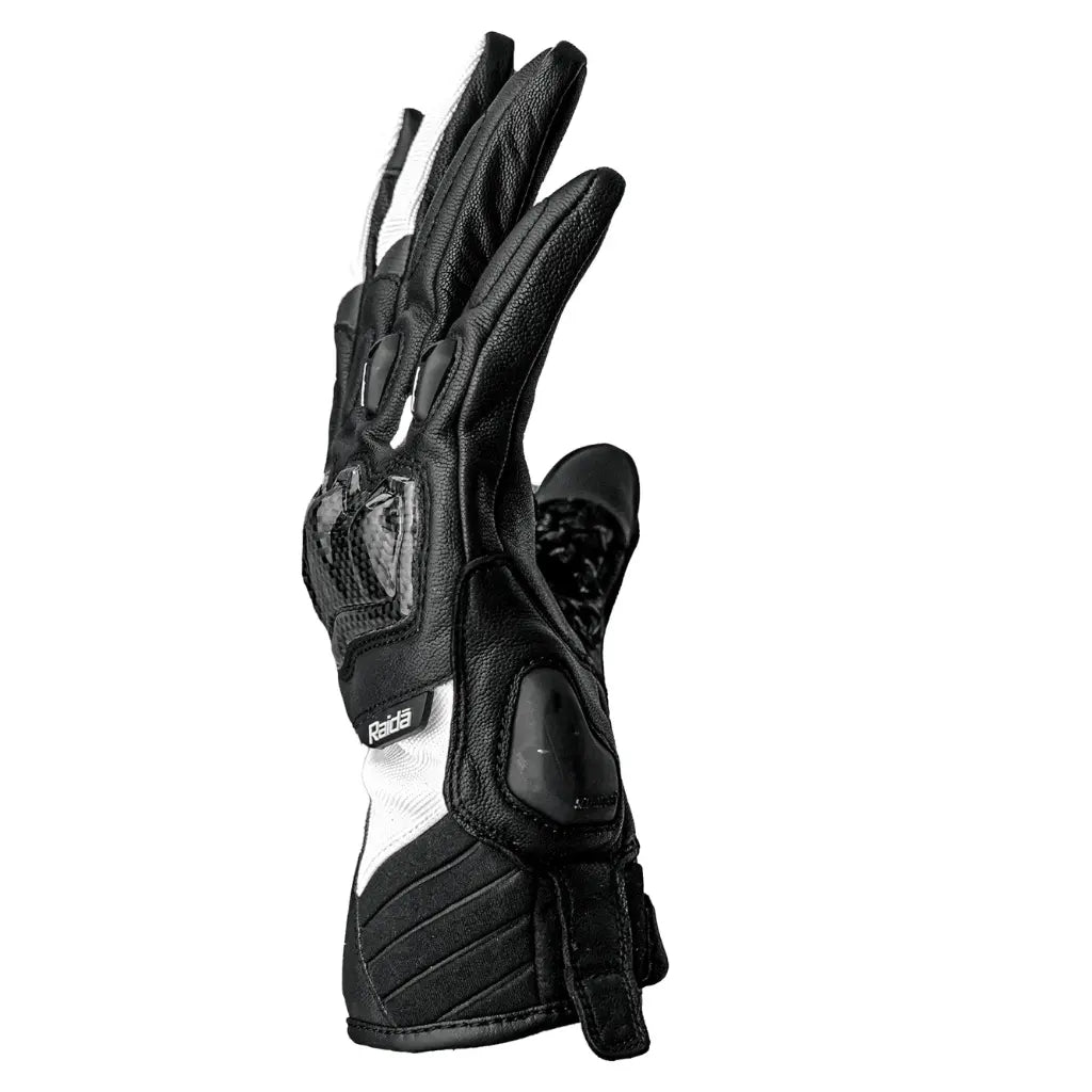 Raida Carbonite Bike Riding Gloves Black White Color – Carbon Fiber Knuckles, Leather Build, Touchscreen & Touring Ready, Best Riding Gloves in India, Best Riding gloves for bike riders for safe riding, road trips, long touring