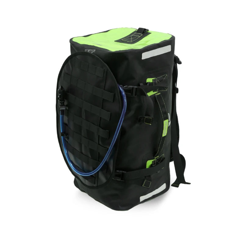 Raida Luggage Dryporter Waterproof Tail Bag in Black Hi Viz Green Color – 40L Ipx5 Dry Duffle Bag With Backpack Straps, Best Luggage Bag for Adventure trips, long touring, road trips, bike riding, Best tail bag for bike riders, waterproof duffle bag for adventure riding, indian bikes