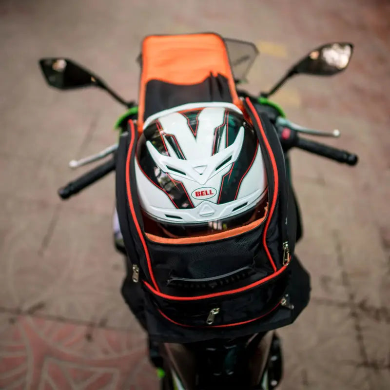 Raida Luggage Gps-Series Magnetic Tank Bag in Black Orange Color – Expandable Motorcycle Tank Bag With Backpack Straps, Best Magnetic Tank Bags in India, Luggage bags for bike riders, Best Tank Bags for long touring, road trips, adventure rides