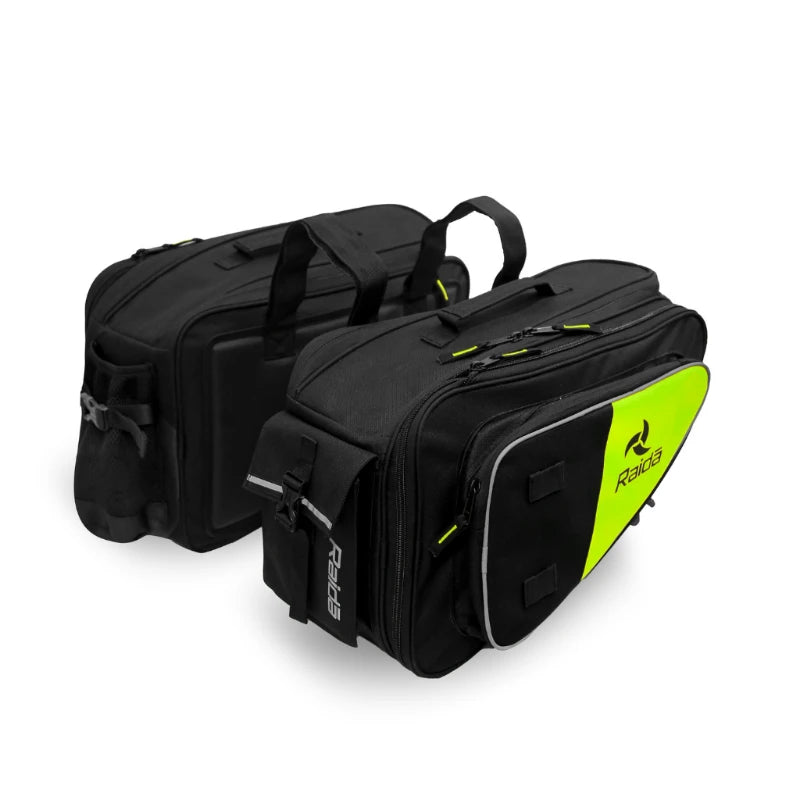 Raida Luggage V50 Saddle Bag in Hi Viz Yellow – 50L Expandable Strap Based Motorcycle Saddle Bags With Dust Cover & Tool Pouch, Best Bike Lugagge Bag, Best saddle bag for riders, best saddle bag in india for long touring, road trips, adventure bike riding