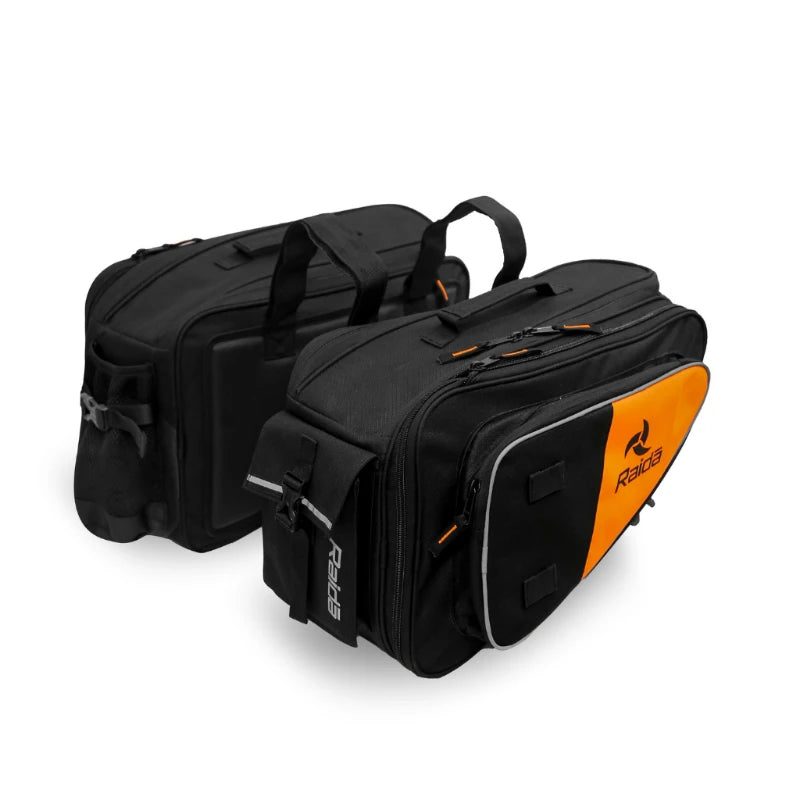 Raida Luggage V50 Saddle Bag in Orange – 50L Expandable Strap Based Motorcycle Saddle Bags With Dust Cover & Tool Pouch, Best Bike Lugagge Bag, Best saddle bag for riders, best saddle bag in india for long touring, road trips, adventure bike riding