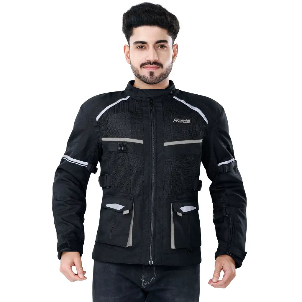 Raida Rover Touring Jacket Black Grey Color – Ce Level 2 Armored, All-Season Motorcycle Riding Jacket, Best Riding Jacket for Bike Riders, Best Riding Jacket for long Touring, Road Trips, Raida Riding Jacket for Indian Roads