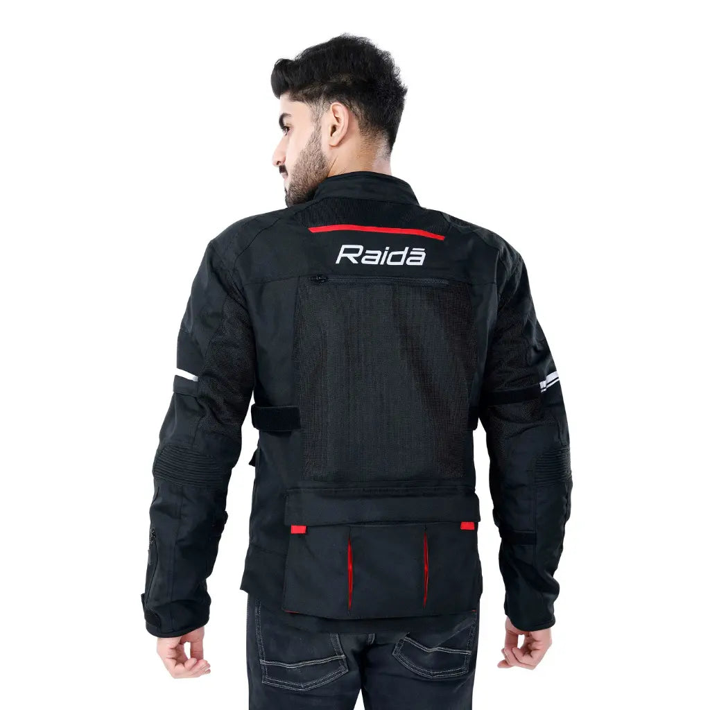 Raida Rover Touring Jacket Black Red Color – Ce Level 2 Armored, All-Season Motorcycle Riding Jacket, Best Riding Jacket for Bike Riders, Best Riding Jacket for long Touring, Road Trips, Raida Riding Jacket for Indian Roads