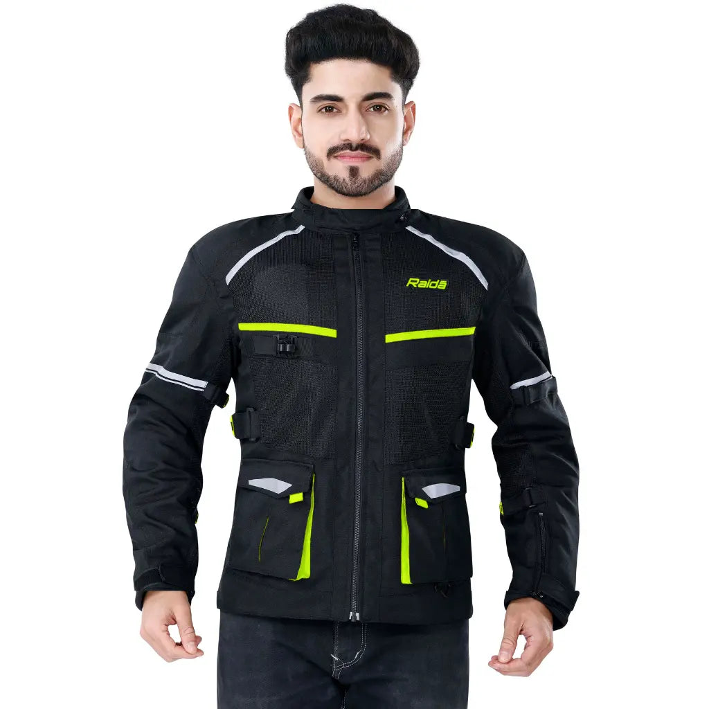 Raida Rover Touring Jacket Black Yellow Color – Ce Level 2 Armored, All-Season Motorcycle Riding Jacket, Best Riding Jacket for Bike Riders, Best Riding Jacket for long Touring, Road Trips, Raida Riding Jacket for Indian Roads