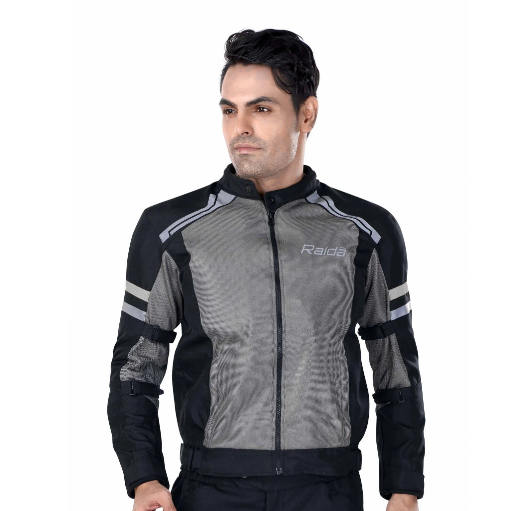 Raida Tourer Motorcycle Jacket in Grey Color – Budget-Friendly Best Riding Jacket under 5000 in India, Best Bike jacket for riders under 5k, Ce Level 2 Armored Riding Jacket ith full safety and protection, Best Bike Jacket for Long touring, road trips, safe long tours for motorcycle riders riding Indian Bikes