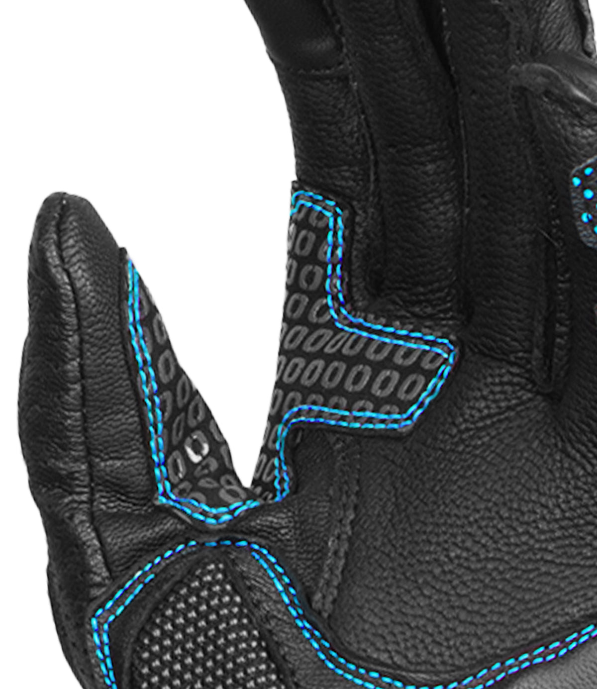 Rynox Advento Pro Riding Gloves in Black Blue Color which is CE Certified Full Gauntlet Racing-Inspired Motorcycle Touring Gloves, Best Riding Gloves in India, Buy Motorcycle Bike Gloves in India for Ultimate Safety and perfect for Indian roads, Bike gloves for roadtrips and long touring.