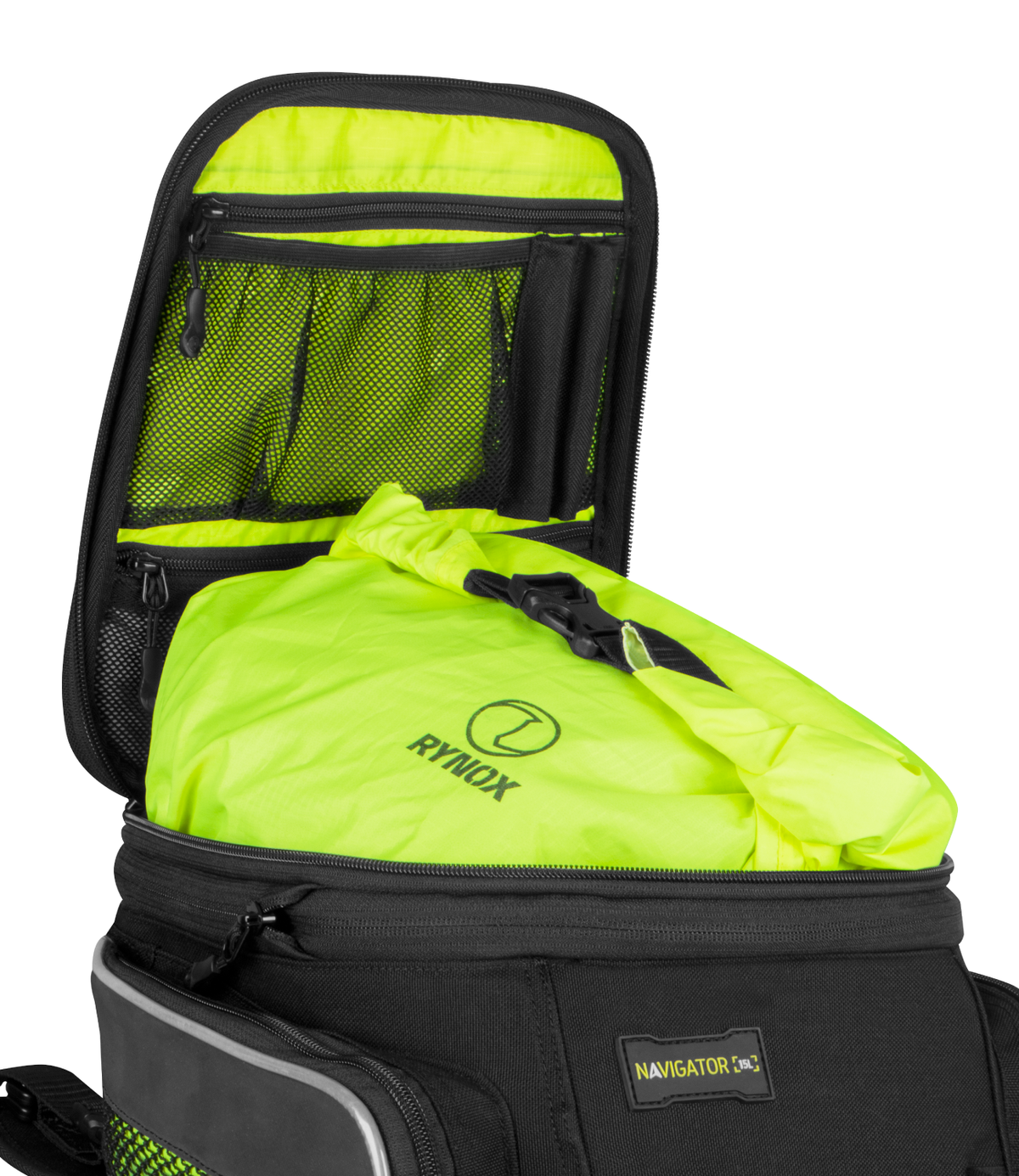 Rynox Navigator Tank Bag 15L Black Hi Viz Green - Durable, Expandable & Stormproof Adventure Motorcycle Luggage Bag, Best Bike Luggage Bag for Riders, Best ank bag for bikes in India for Long touring, Road trips, adventure rides
