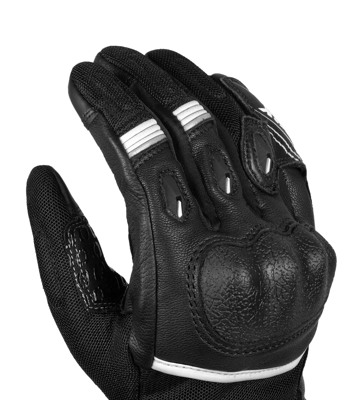 Rynox Tornado Pro 4 Riding Gloves - Black White Color, Best riding gloves in India are made of Leather, D3O Protection & Touchscreen Friendly. Best Bike Gloves for road trips, long touring and specially made for indian bikes