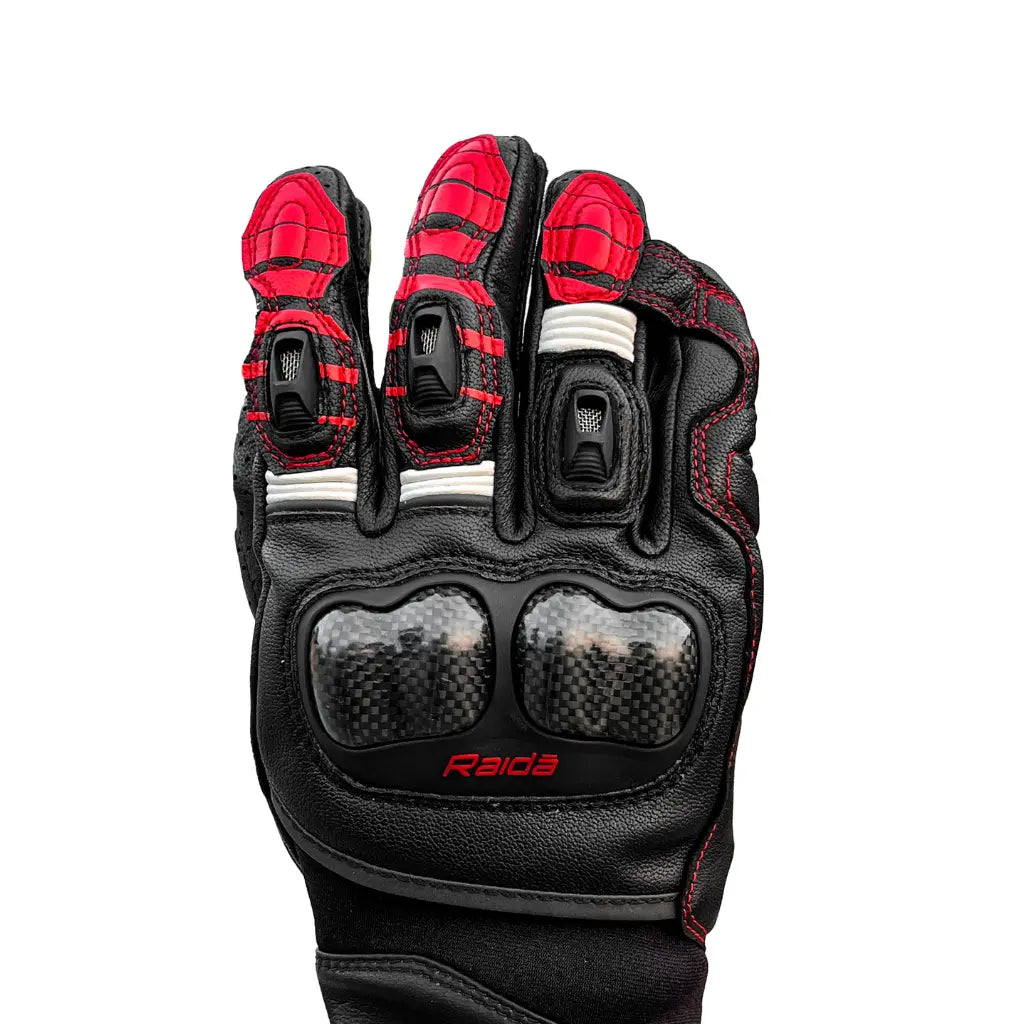Raida Aeroprix Carbon Edition Full Gauntlet Riding Gloves in Black Red, Carbon Fiber Protection, Safest Bike Gloves in India, Best Riding Gloves for Bike riders in india