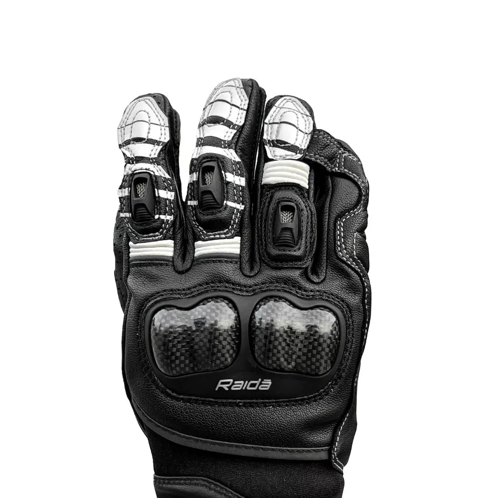 Raida Aeroprix Carbon Edition Full Gauntlet Riding Gloves in Black White, Carbon Fiber Protection, Safest Bike Gloves in India, Best Riding Gloves for Bike riders in india