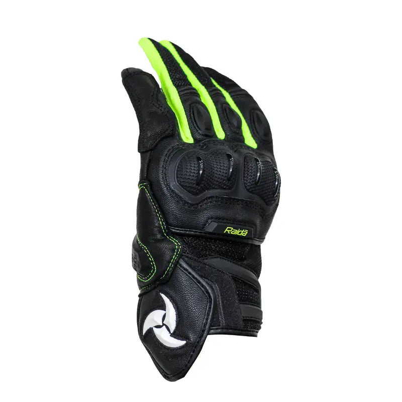 Raida AirWave Full Leather Motorcycle Riding Gloves in Black Green Color – Knox® SPS, TPR Protection & Touchscreen Ready, Best Riding Gloves in India, Safe Bike Gloves for Indian Riders,