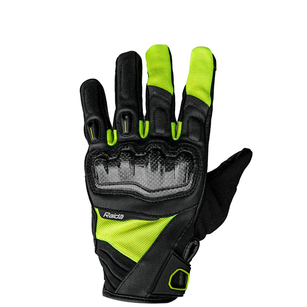 Raida Carbonite Bike Riding Gloves Black Yellow Color – Carbon Fiber Knuckles, Leather Build, Touchscreen & Touring Ready, Best Riding Gloves in India, Best Riding gloves for bike riders for safe riding, road trips, long touring
