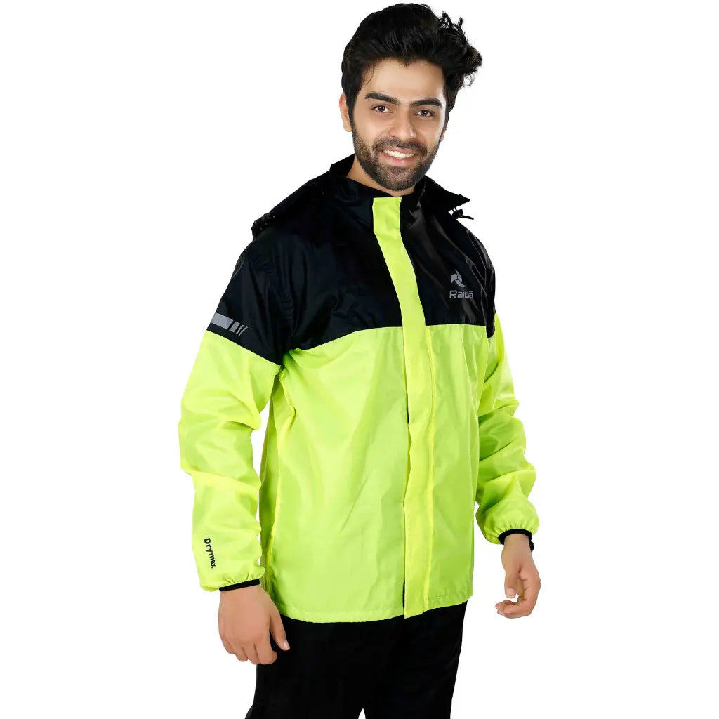 Raida Drymax 15K Rain Jacket in Black Hi Viz Yellow Color – Waterproof Motorcycle Rain Jacket With 15,000Mm Rating, Best Rain Jacket for Bike Riders, Waterproof Jackets for Long Touring, Road Trips, Best Raingear for Bikers, Best Raincoat for Riders in India