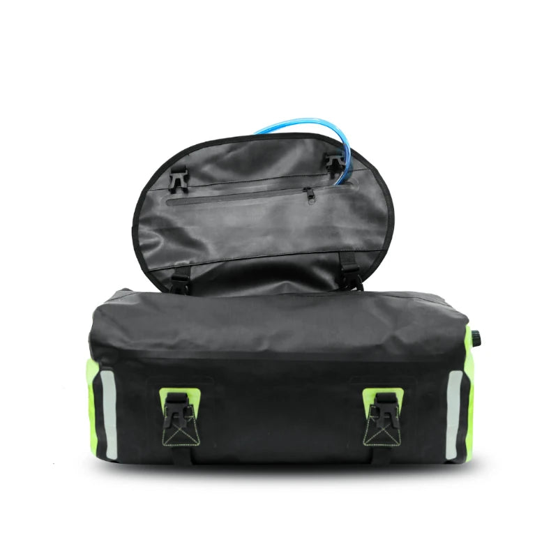 Raida Luggage Dryporter Waterproof Tail Bag in Black Hi Viz Green Color – 40L Ipx5 Dry Duffle Bag With Backpack Straps, Best Luggage Bag for Adventure trips, long touring, road trips, bike riding, Best tail bag for bike riders, waterproof duffle bag for adventure riding, indian bikes