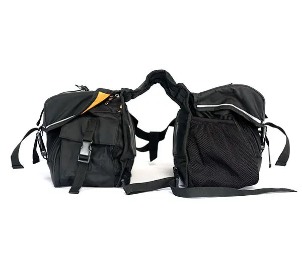 Raida Luggage G-Series Bike Saddle Bag in Black Color – 48L Strap Based Saddle Bags With Rain Covers & Pillion Seat Cushion, Best Saddle bag for bike riders, Bike Luggage Bags for Long Touring, Adventure rides, road trips, Best Saddle Bags for Indian Bikes