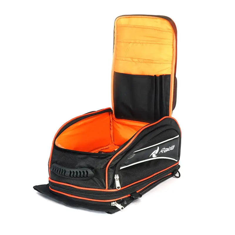 Raida Luggage Gps-Series Magnetic Tank Bag in Black Orange Color – Expandable Motorcycle Tank Bag With Backpack Straps, Best Magnetic Tank Bags in India, Luggage bags for bike riders, Best Tank Bags for long touring, road trips, adventure rides