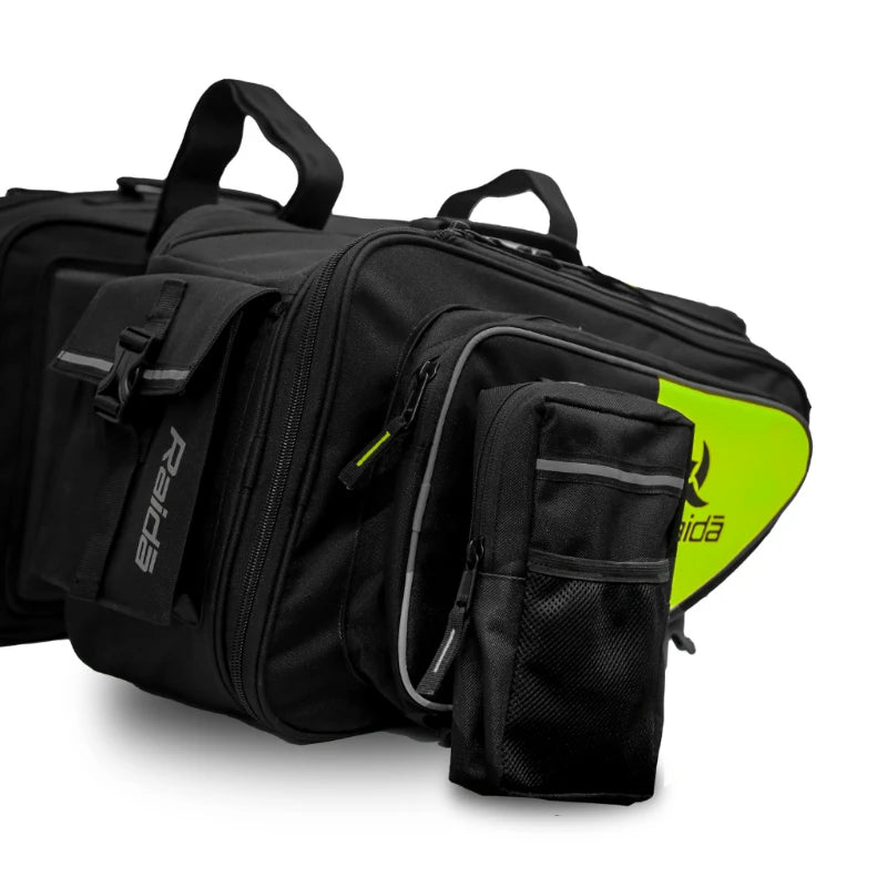 Raida Luggage V50 Saddle Bag in Hi Viz Yellow – 50L Expandable Strap Based Motorcycle Saddle Bags With Dust Cover & Tool Pouch, Best Bike Lugagge Bag, Best saddle bag for riders, best saddle bag in india for long touring, road trips, adventure bike riding