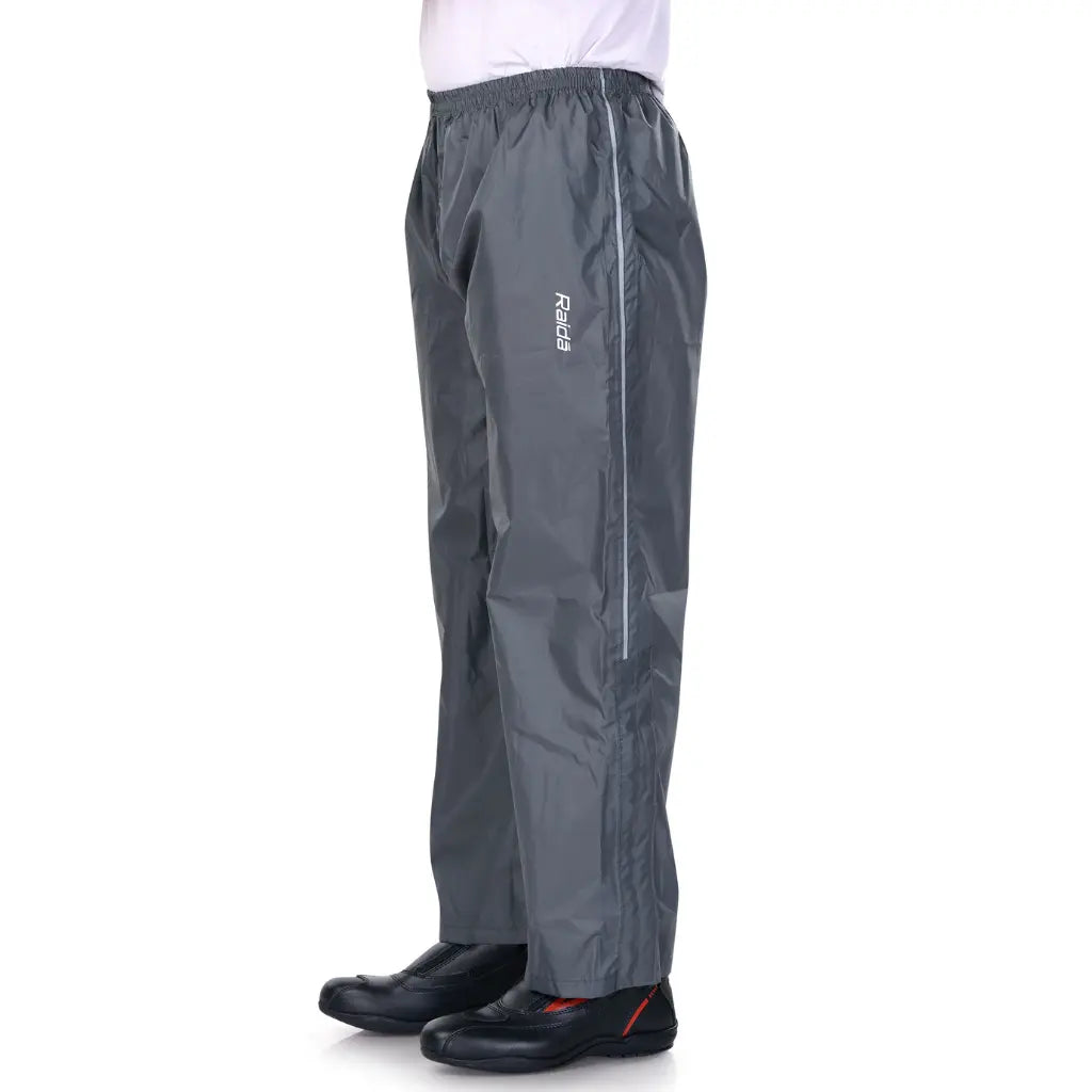 Raida Drymax Rainpants in Grey Color – Waterproof Overpants With Reflective Safety & Boot-Friendly Fit, Best Raincoat pants for Bike Riders, Best Waterproof Rain Pants in India for Long Touring, Road Trips, Bike Rides