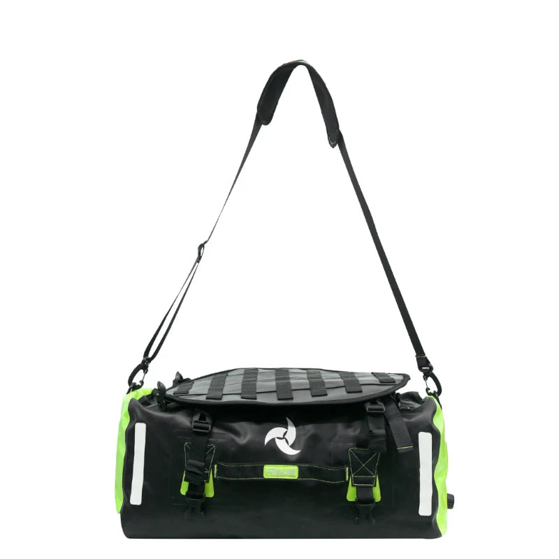 Raida Luggage Dryporter Waterproof Tail Bag in Black Hi Viz Green Color – 40L Ipx5 Dry Duffle Bag With Backpack Straps, Best Luggage Bag for Adventure trips, long touring, road trips, bike riding, Best tail bag for bike riders, waterproof duffle bag for adventure riding, indian bikes