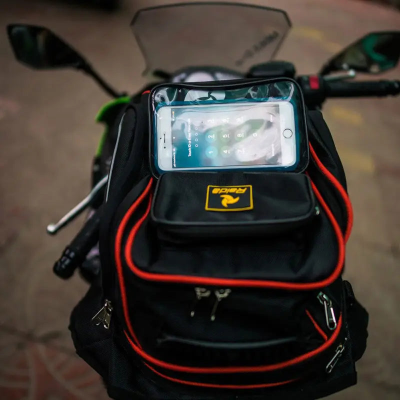 Raida Luggage Gps-Series Magnetic Tank Bag in Black Orange Color – Expandable Motorcycle Tank Bag With Backpack Straps, Best Magnetic Tank Bags in India, Luggage bags for bike riders, Best Tank Bags for long touring, road trips, adventure rides