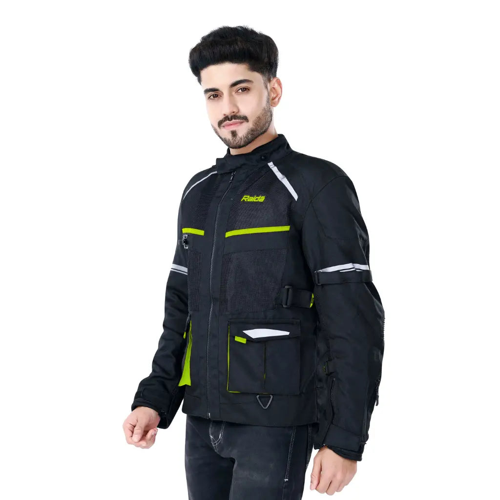 Raida Rover Touring Jacket Black Yellow Color – Ce Level 2 Armored, All-Season Motorcycle Riding Jacket, Best Riding Jacket for Bike Riders, Best Riding Jacket for long Touring, Road Trips, Raida Riding Jacket for Indian Roads