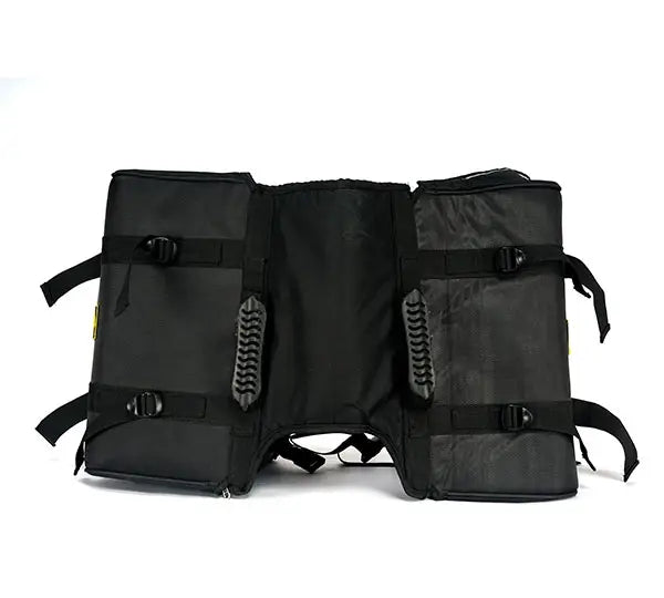 Raida Luggage G-Series Bike Saddle Bag in Black Color – 48L Strap Based Saddle Bags With Rain Covers & Pillion Seat Cushion, Best Saddle bag for bike riders, Bike Luggage Bags for Long Touring, Adventure rides, road trips, Best Saddle Bags for Indian Bikes