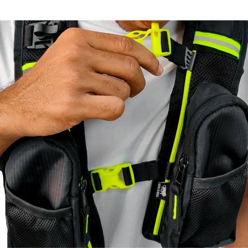 Raida Ultra Hydration Backpack in Black Hi Viz Yellow Color – 5L Cargo Luggage With 2L Bladder & Insulated Tube, Best Hydration Backpack in India, Best water bag for Bike Riders, Hydration Bag for Riders for Long Touring, Road Trips, Bike Riding