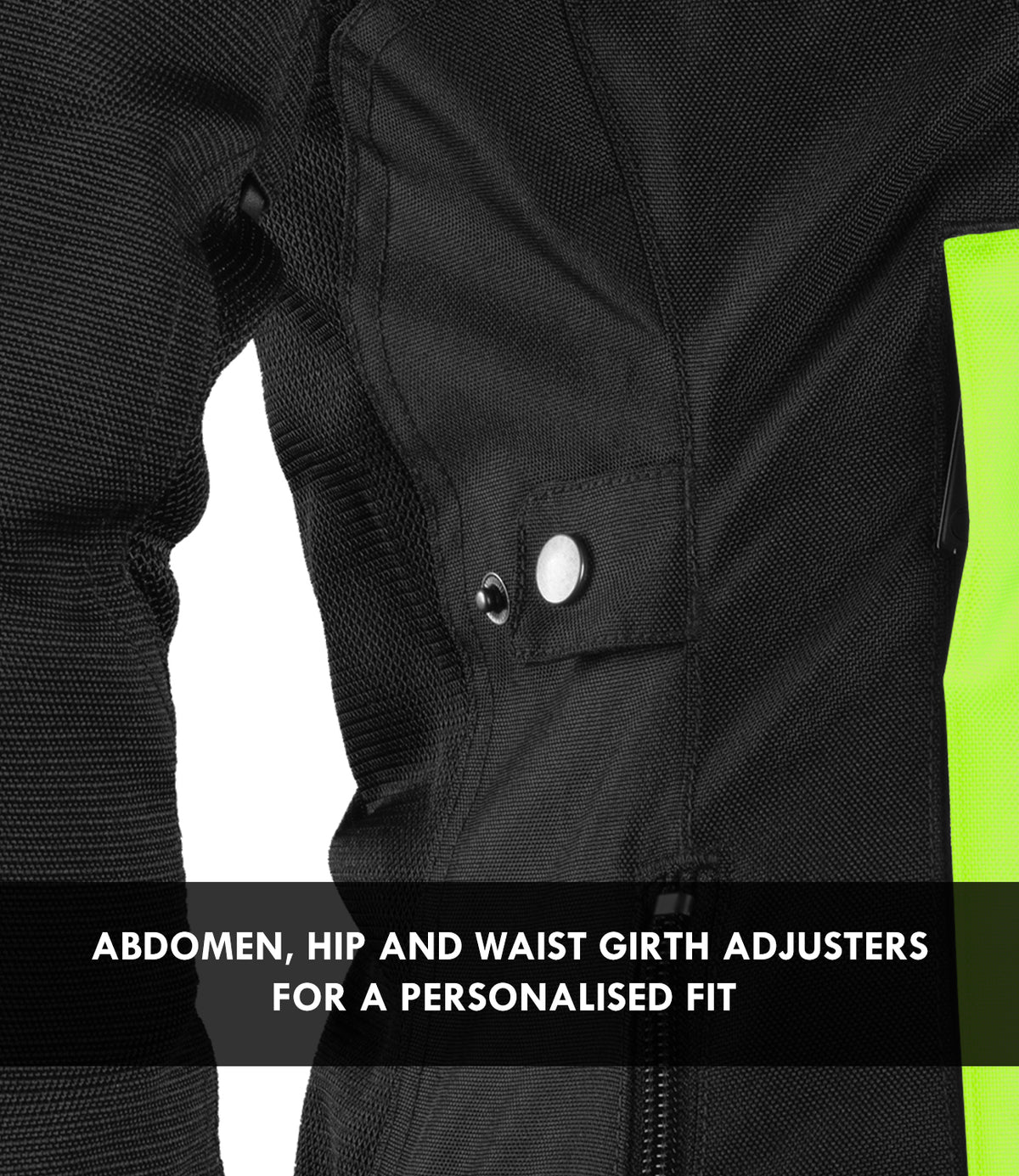 Rynox Air GT 4 Womens Riding Jacket in stylish black hi viz green color - CE Level 2 Certified Touring Jacket for Women, Best riding jacket for women riders in india, best womens riding jacket under 10,000, womens riding jacket for road trips and long tours made especialy for women who ride on indian roads and indian motorcycle bikes