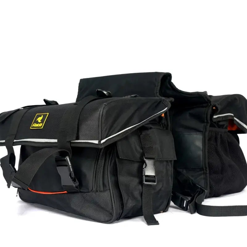 Raida Luggage G-Series Bike Saddle Bag in Black Color – 48L Strap Based Saddle Bags With Rain Covers & Pillion Seat Cushion, Best Saddle bag for bike riders, Bike Luggage Bags for Long Touring, Adventure rides, road trips, Best Saddle Bags for Indian Bikes