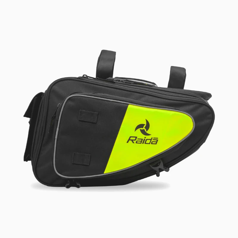 Raida Luggage V50 Saddle Bag in Hi Viz Yellow – 50L Expandable Strap Based Motorcycle Saddle Bags With Dust Cover & Tool Pouch, Best Bike Lugagge Bag, Best saddle bag for riders, best saddle bag in india for long touring, road trips, adventure bike riding
