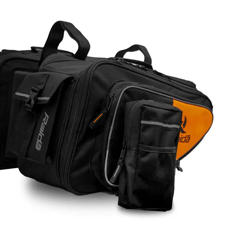 Raida Luggage V50 Saddle Bag in Orange – 50L Expandable Strap Based Motorcycle Saddle Bags With Dust Cover & Tool Pouch, Best Bike Lugagge Bag, Best saddle bag for riders, best saddle bag in india for long touring, road trips, adventure bike riding