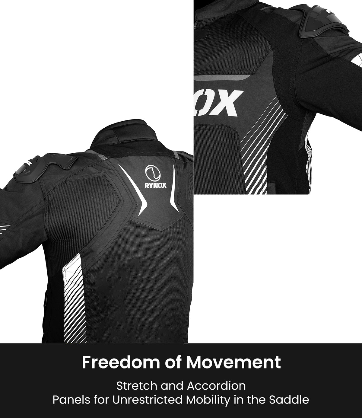 Rynox Apex Evo Riding Jacket in Black White | CE Certified Class AA Rated Supersport Jacket with RHEON Level 2 Armor, Best Riding Jacket in India, Best Riding Jacket in India under 15000, Bike Jacket for sport riding, road trips and long touring, Sports jacket for indian sports bikes designed for indian roads
