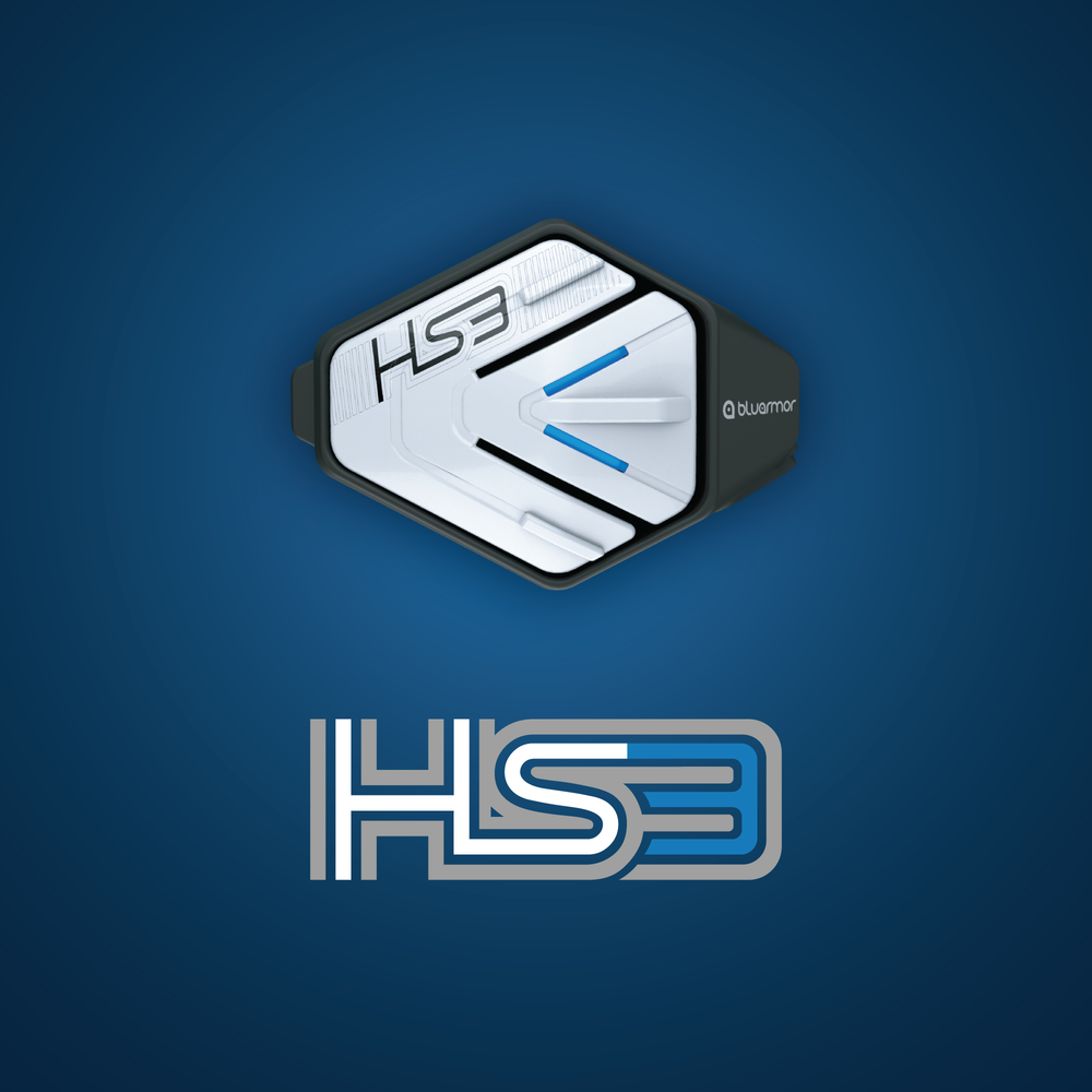 BluArmor HS3 helmet Bluetooth device and HS3 logo on a blue background
